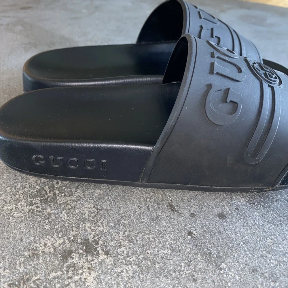 GUCCI Sandals Logo Slide Shoes Shower Sandals Pool Rubber Black Size 6